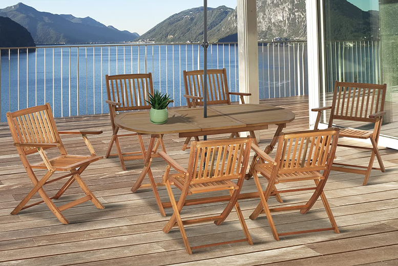 £349 instead of £799.99 for a 7pc foldable wooden garden dining set from mHstar – save 56% £349 instead of £799.99 for a 7pc foldable wooden garden dining set from mHstar – save 56%