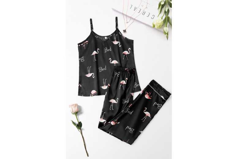 Unisex Black Lightweight Satin Summer Pyjama Set – Breathable 2-Piece Sleepwear, Floral or Flamingo Print | Wowcher