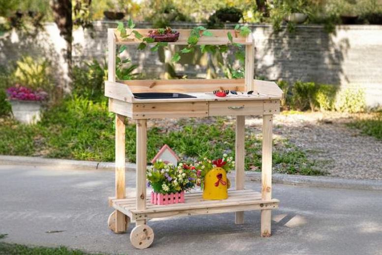 Outsunny Wooden Work Table w/ 2 Wheels at LivingSocial
