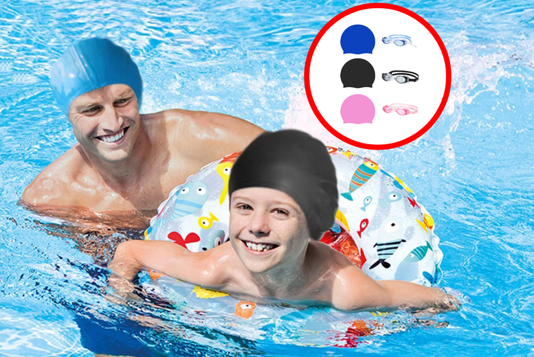 Unisex Swimming Goggles & Cap - 3 Sets & Colours!