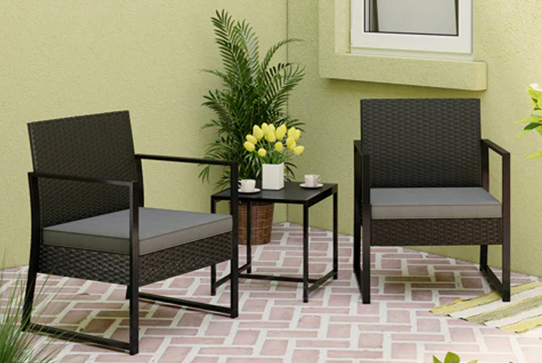 £149 instead of £399.99 for a three-piece black polyrattan wicker garden furniture bistro set from Good Bagen – save 63% £149 instead of £399.99 for a three-piece black polyrattan wicker garden furniture bistro set from Good Bagen – save 63%