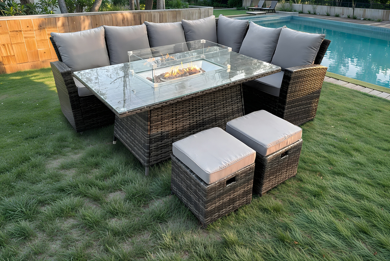 8-Seater Polyrattan Weatherproof Garden Dining Set with Fire Pit Table | Wowcher