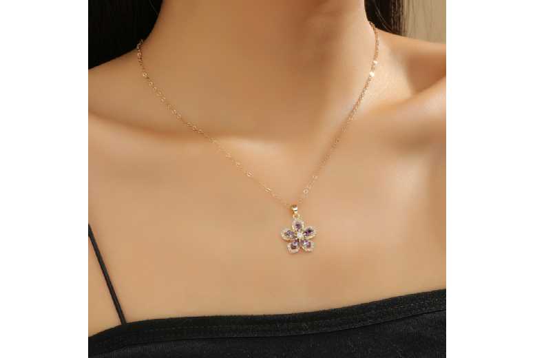 Amethyst Crystal Flower Gold Pendant Necklace – Adjustable Chain, Lightweight, Lobster Clasp | Wowcher