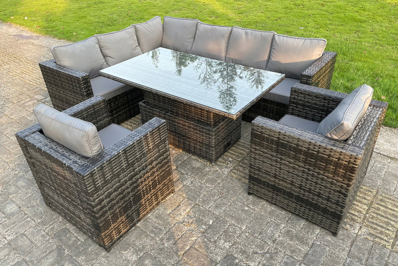 £989 instead of £1994.30 for an eight-seater garden rattan dining set with a lifting table or £1199 for a rattan dining set with a firepit from Fimous – save up to 50% £989 instead of £1994.30 for an eight-seater garden rattan dining set with a lifting table or £1199 for a rattan dining set with a firepit from Fimous – save up to 50%
