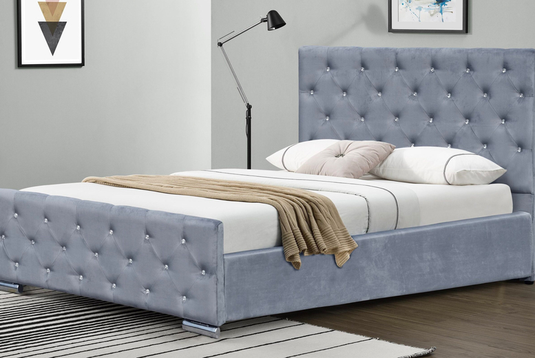 From £199 instead of £399.99 for a Palma crushed velvet diamante bed in silver or grey, from £259 to include a mattress from UKfurniture4u – save up to 50% From £199 instead of £399.99 for a Palma crushed velvet diamante bed in silver or grey, from £259 to include a mattress from UKfurniture4u – save up to 50%