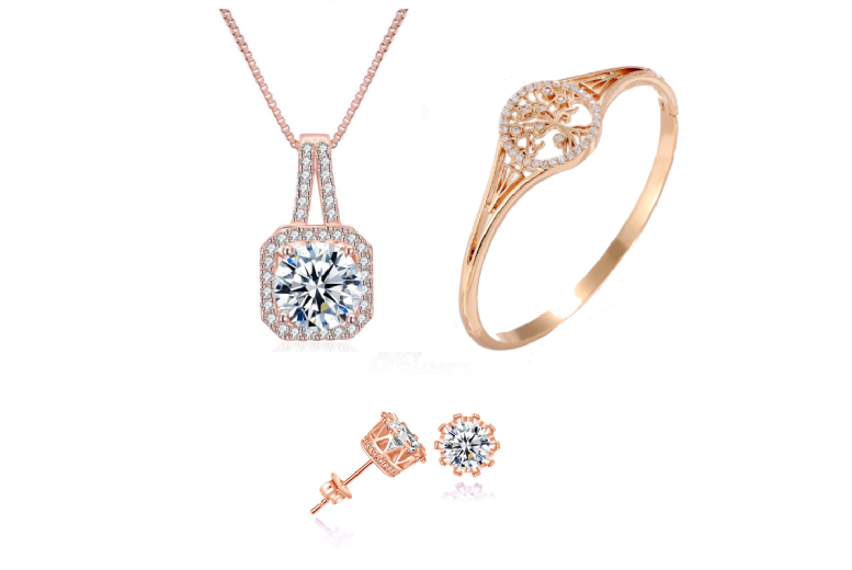 Crystal Jewellery Gift Set – Rose Gold-Plated 3-Piece Necklace, Bracelet & Earrings | Wowcher