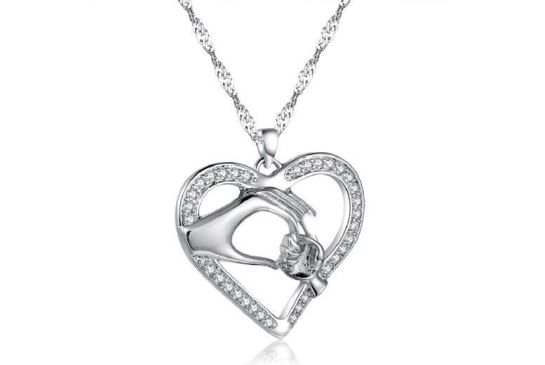 Heart-Shaped Crystal Pendant Silver Necklace - Adjustable Rhodium-Plated Chain, Lightweight, Gift for Her | Wowcher