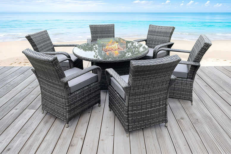 Weather-Resistant Rattan Dining Set with Fire Pit – 4 or 6 Seater | Wowcher Weather-Resistant Rattan Dining Set with Fire Pit – 4 or 6 Seater | Wowcher