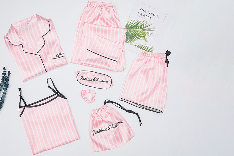 Women's Striped Seven Piece Satin Pyjama Set