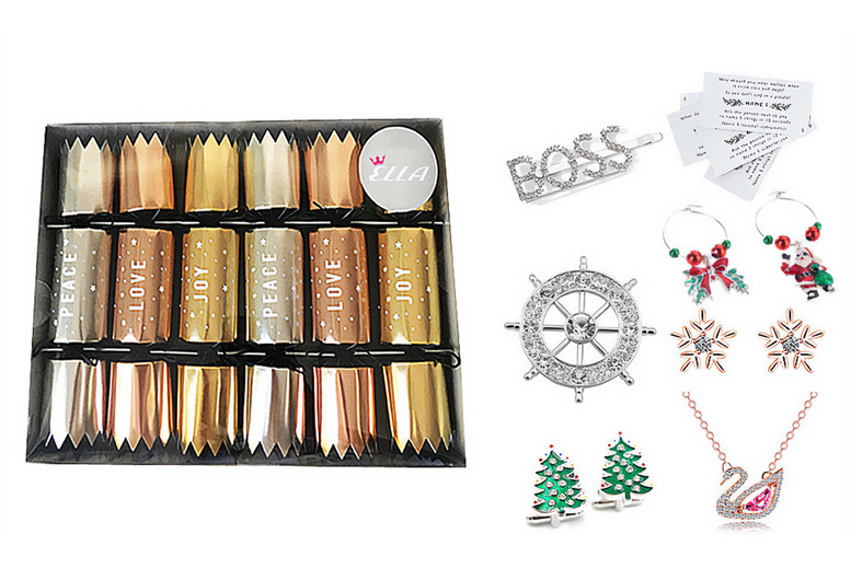 Festive Jewellery & Wine Accessories Christmas Cracker Gift Set - 6 or 12 Piece Surprise Pack | Wowcher