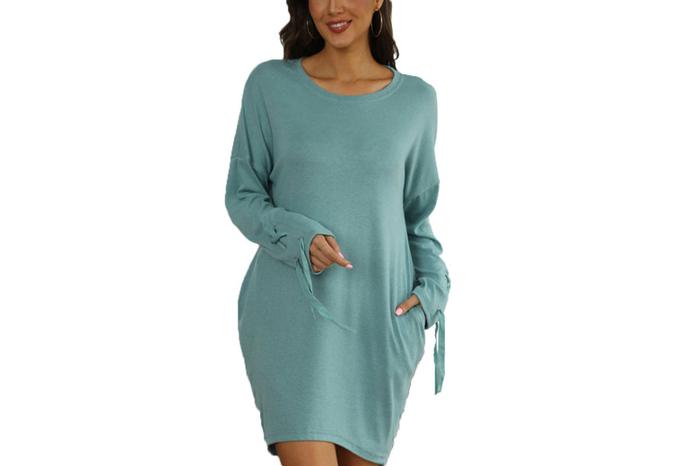 Green Women’s Cotton Blend Midi Dress – Round Neck, Long Sleeve, Winter Casual | Wowcher
