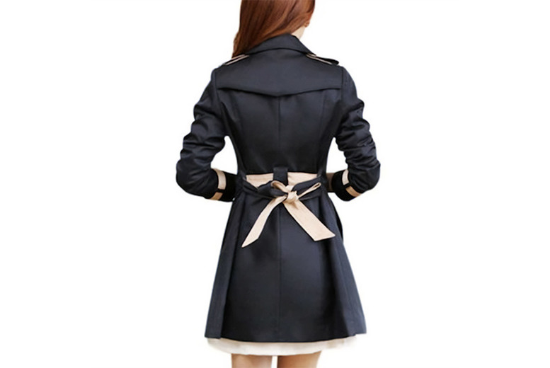 Women’s Classic Trench Coat – Longline, Belted, Polyester Blend, Black or Beige | Wowcher
