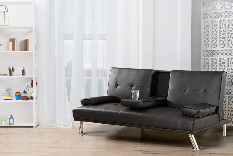 Modern Faux Leather 3-Seater Cinema Sofa Bed with Cup Holders – Cream or Black | Wowcher Modern Faux Leather 3-Seater Cinema Sofa Bed with Cup Holders – Cream or Black | Wowcher