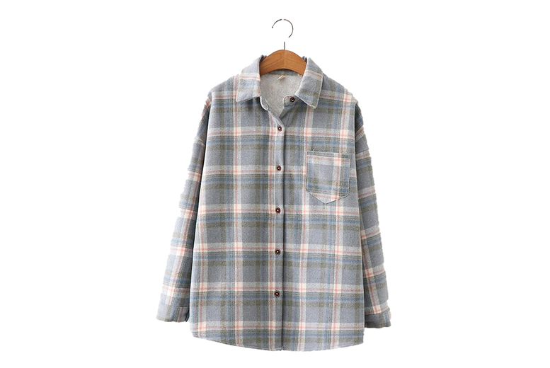 Blue Women’s Thermal-Lined Fleece Plaid Shacket Coat – Cotton-Poly Blend, Machine Washable, 8 Colours, Relaxed Fit | Wowcher