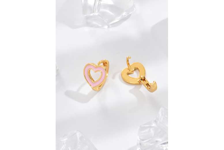 Charming Pink Love Heart Gold Hoop Earrings | Wowcher