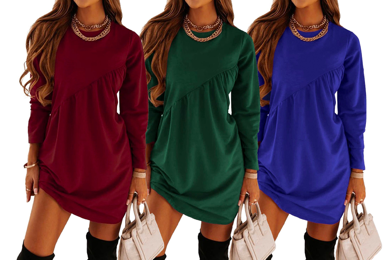 Women’s Long Sleeved Asymmetric Dress – 6 Colour Options