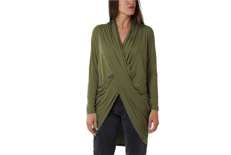 Unisex KHAKI - M/L: CROSS OVER ASYMMETRIC DRAPED LONG SLEEVE TOP from Want Clothing | Wowcher