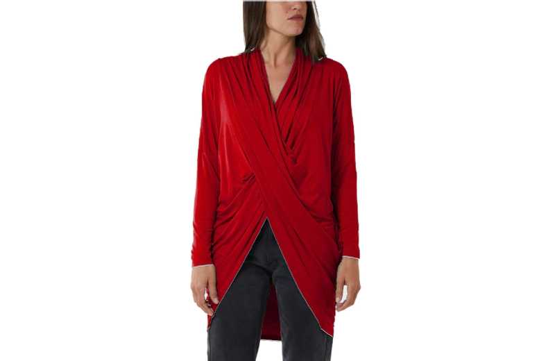 Unisex RED - M/L: CROSS OVER ASYMMETRIC DRAPED LONG SLEEVE TOP from Want Clothing | Wowcher