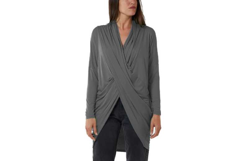 Unisex CHARCOAL GREY - M/L: CROSS OVER ASYMMETRIC DRAPED LONG SLEEVE TOP from Want Clothing | Wowcher