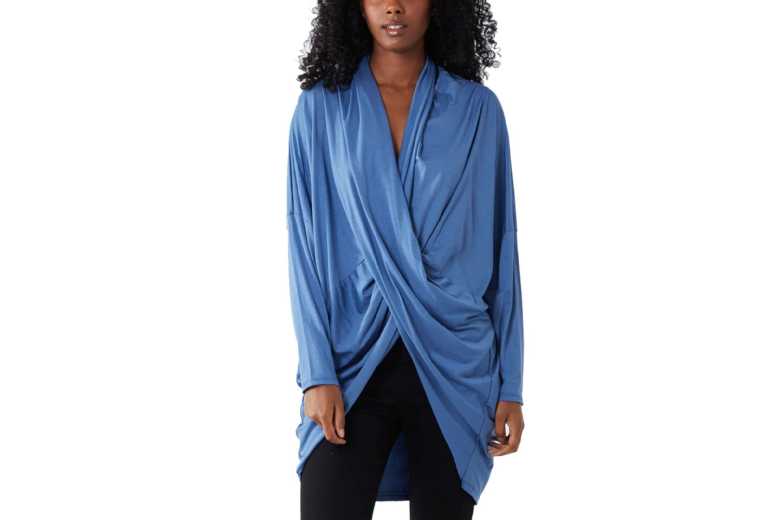Unisex DENIM BLUE - L/XL: CROSS OVER ASYMMETRIC DRAPED LONG SLEEVE TOP from Want Clothin | Wowcher