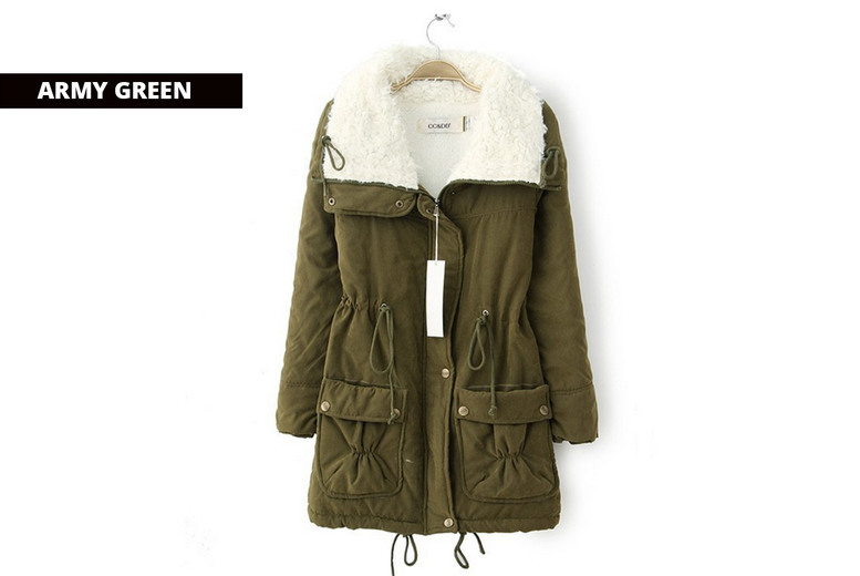 Green Women’s Longline Parka Jacket – Fleece-Lined, Faux Fur Hood, 7 Colours | Wowcher