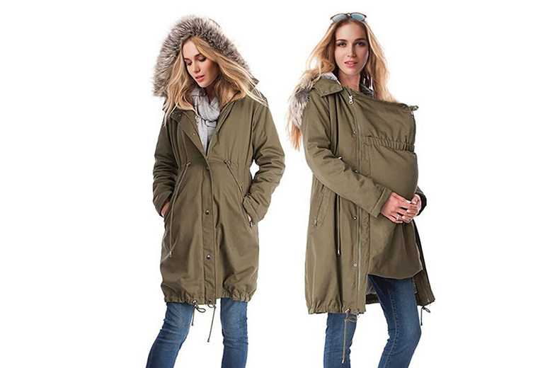 Fleece-Lined Unisex Maternity & Baby Carrier Coat – 100% Polyester, S-3XL, Black/Army Green | Wowcher