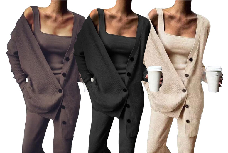Women’s Three-Piece Loungewear Set – Black, Khaki or Brown
