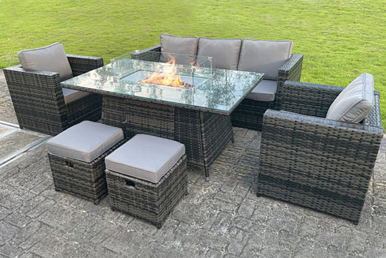 £879 instead of £1699 for a dark grey or light grey seven-seater outdoor polyrattan lounge set with gas firepit table from Fimous – save 48% £879 instead of £1699 for a dark grey or light grey seven-seater outdoor polyrattan lounge set with gas firepit table from Fimous – save 48%