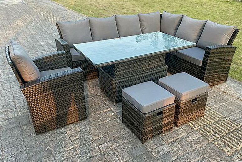 £879 for a nine-seater high back garden polyrattan furniture set from Fimous £879 for a nine-seater high back garden polyrattan furniture set from Fimous