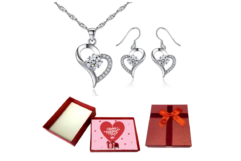 Dazzling Heart Necklace & Earrings Set with Luxury Valentine Gift Box | Wowcher