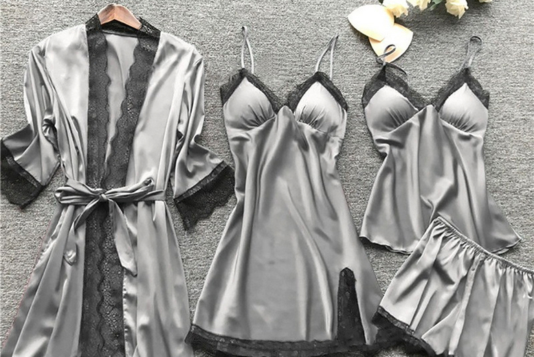 Black Women’s Lightweight Lace Summer 4-Piece Pyjama & Loungewear Set – Breathable, Versatile, Multiple Colours | Wowcher Black Women’s Lightweight Lace Summer 4-Piece Pyjama & Loungewear Set – Breathable, Versatile, Multiple Colours | Wowcher