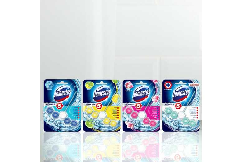 Domestos Power 5 Antibacterial Toilet Rim Block – Stain-Fighting, Limescale Control, Long-Lasting Freshness, 9-Pack, Multi-Fragrance Toilet Cleaner |