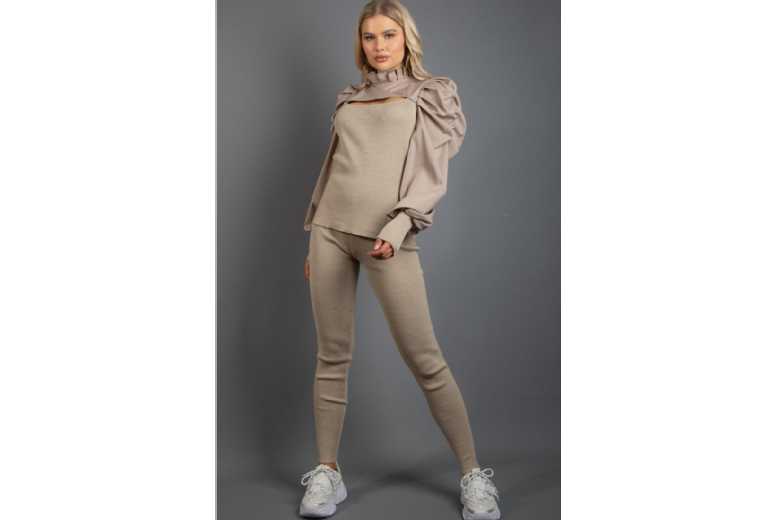 Taupe Pleated Shoulder Loungewear Set