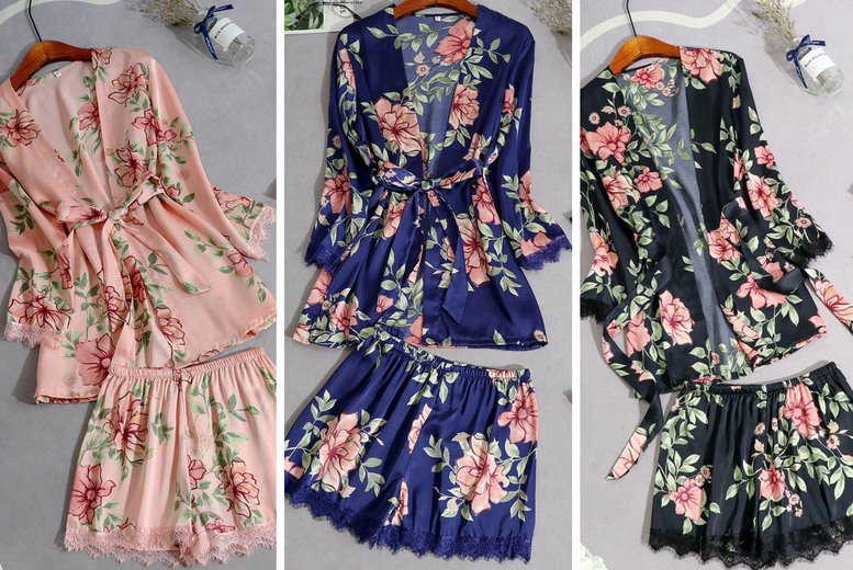 5-Piece Floral Satin Pyjama Set – Black, Blue or Pink