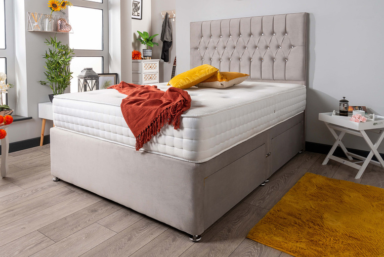 Silver Velvet Ottoman Divan Bed with Storage Drawers & Memory Sprung Mattress – Premium Fabric, Diamond Headboard, All Sizes | Wowcher