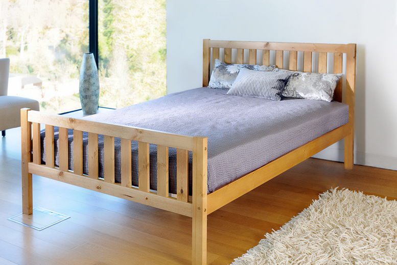 Elegant Wooden Bed Frame & Sturdy Base – Modern Pine Platform | Wowcher