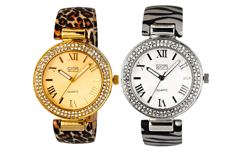 Eton Quartz Ladies Watch – Rhinestone Animal Print, Splash Resistant, 37mm Dial | Wowcher
