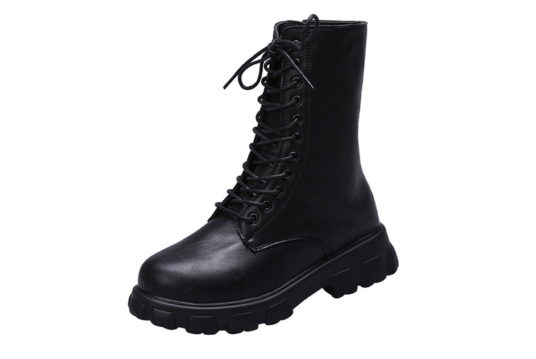 Women’s Lace Up Faux Leather Biker Boots – Black or White | Wowcher