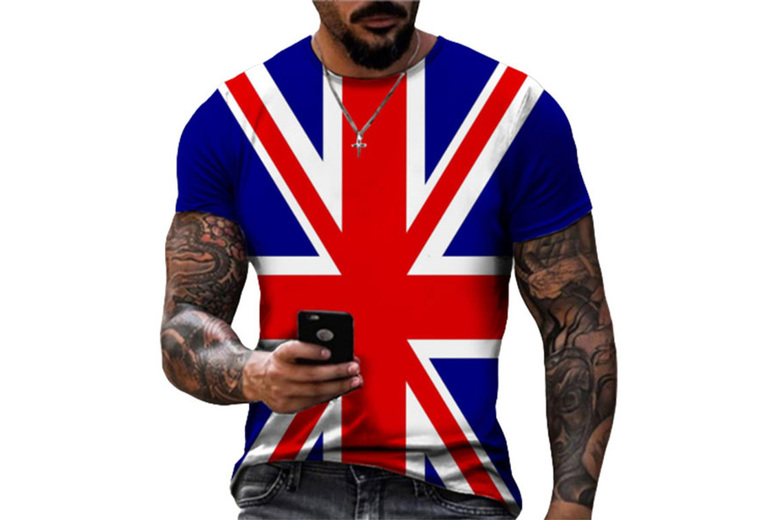 British Union Jack Flag Men’s T-Shirt – 100% Polyester, Relaxed Fit, Statement Print | Wowcher
