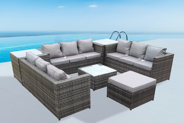 10-Seater Weather-Resistant Grey Rattan Lounge Set | Wowcher