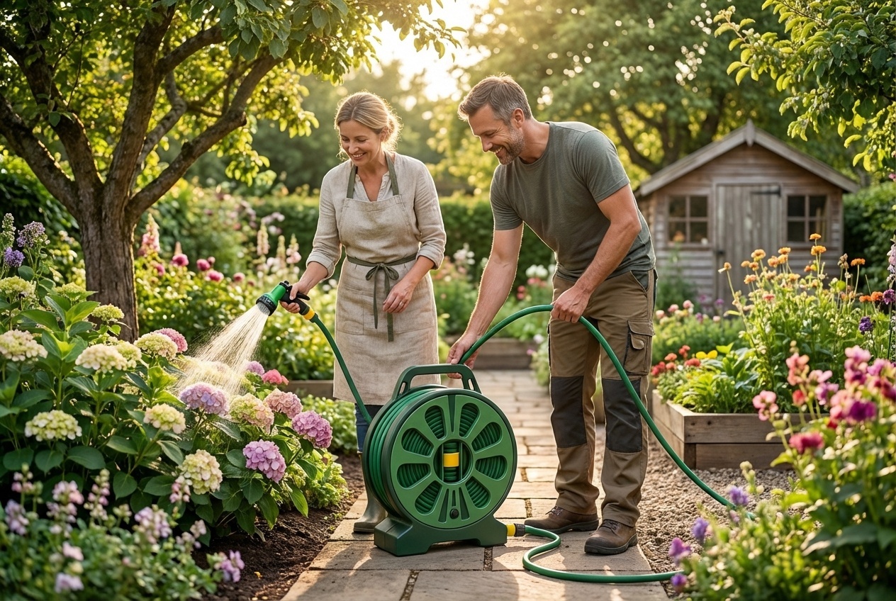 50ft Anti-Kink Garden Hose with 7-Setting Spray Nozzle & Portable Reel | Wowcher