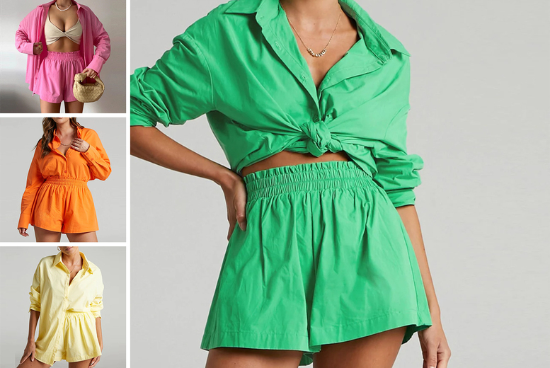 Women's 2-Piece Shorts & Shirt Set - Green, Orange, Yellow & Pink