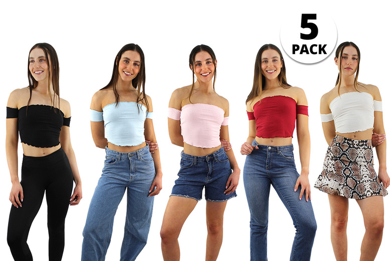 Pack of 5 Off Shoulder Bardot Crop Tops – UK Sizes 4-12