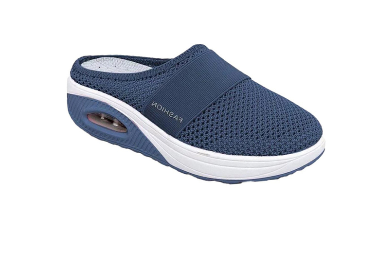 UK 10 / BLUE: A pair of women's slip on air cushion mesh trainers | Wowcher