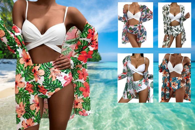 Women’s Tropical Floral Padded High Waist Push-up Bikini & Cover Up