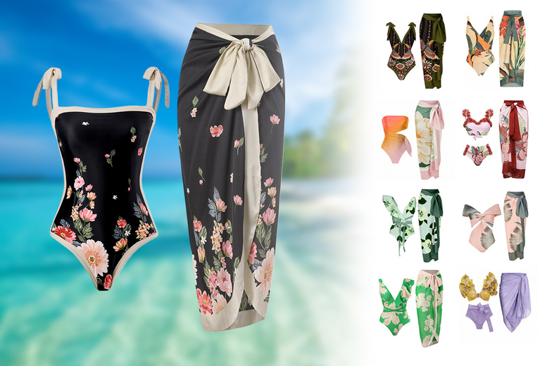 2-Piece Vintage Swimsuit & Sarong- 9 Designs