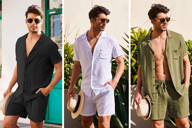 Men’s 2 Piece Linen Short Sleeve Shirt and Shorts Set - 4 Colour Options