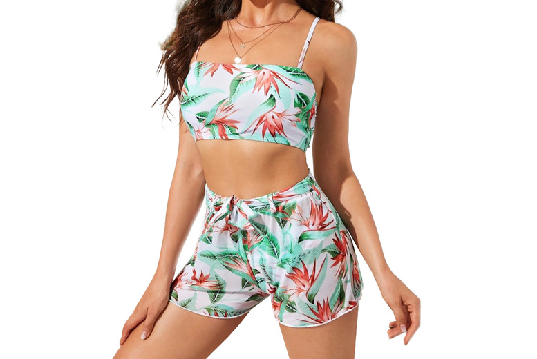 Women’s Black 4-Piece Jungle Print Swimsuit & Cover Up Set – Perfect for Summer | Wowcher
