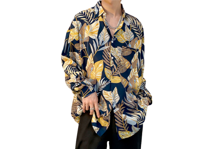 Unisex Black Unisex 100% Polyester Summer Floral Button-Up Shirt – Breathable, Loose Fit, Trendy Design | Wowcher