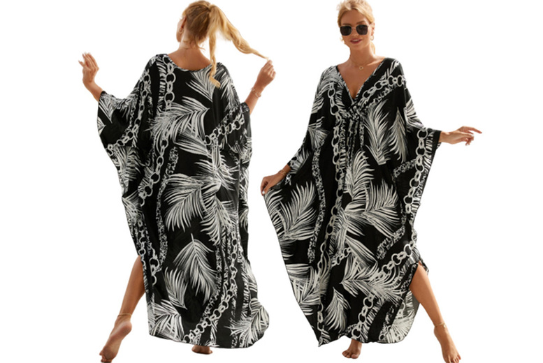 Women’s Black Maxi Beach Cover Up Dress – Breathable Batwing Kaftan | Wowcher